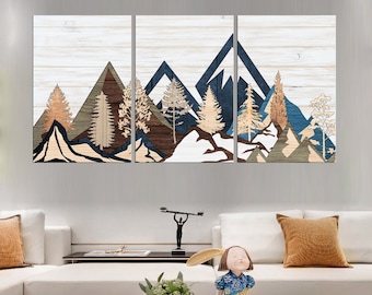 Extra Large Wood Wall Art - Mountain Canvas Print, Rustic 3-Panel Decor, Farmhouse Gift, Wood Texture Home Art df196