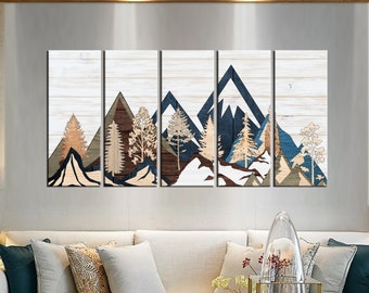 Wood mountain Wall Art canvas print- Wooden Effect Mountains Rustic Wall Decor, farmhouse decor, Wood Texture landscape df196