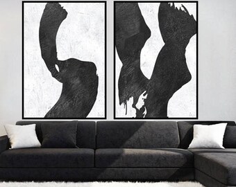 LArge Abstract art Original Acrylic Painting 2 pieces black and white wall art acrylic painting, Modern art, large room wall art canvas