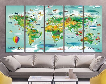 May include: A colourful world map illustration featuring animals, landmarks, and transport icons. The map is divided into five panels and is displayed on a wall above a grey sofa and two yellow chairs.