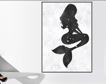 Mermaid painting Large Abstract Painting On Canvas Minimalist art black and white  acrylic painting for large wall