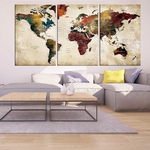 World map wall art, canvas Push pin world tavel map wall art 3 panel wall art stretched wood  extra large wall art push pin world map hr75