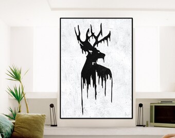 Hand painted Large Acrylic Painting on canvas, original Abstract Wall art, black and white canvas painting deer painting