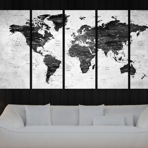 extra large wall art world map canvas print , Push pin world map for travel wall art canvas, black and white world map push pin No:5S96