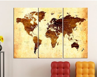 Old world map wall art canvas print Push Pin travel map, large world map art canvas, wall decor, abstract map, extra large map art No:6S00