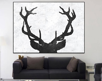 deer antler abstract painting large Black and White wall art, modern original Painting on canvas, large Abstract Painting, large wall Art,