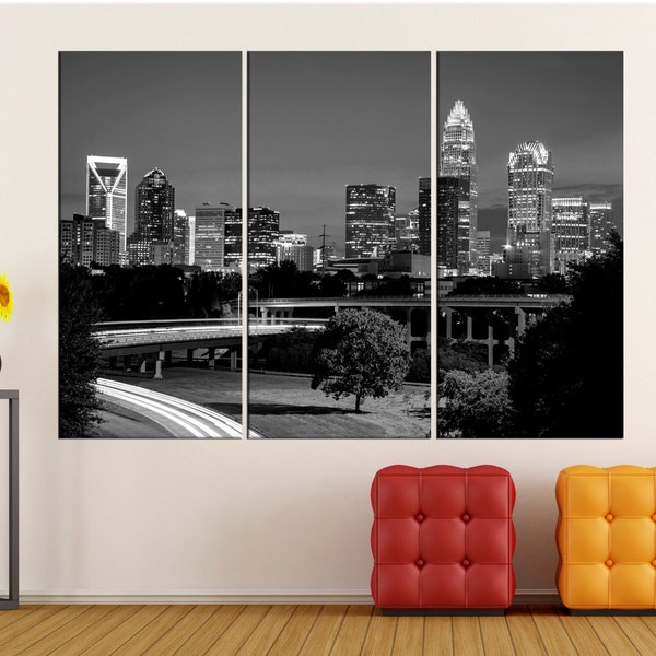 Art mural charlotte skyline, impression sur toile charlotte, impression photo charlotte, décor charlotte, noir et blanc, grande impression sur toile, 825