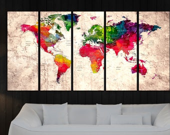 large world map push pin canvas print, large wall art, extra large world map for travel wall art, colorful watercolor wall decor No:10s03