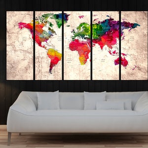 large world map push pin canvas print, large wall art, extra large world map for travel wall art, colorful watercolor wall decor No:10s03 image 1