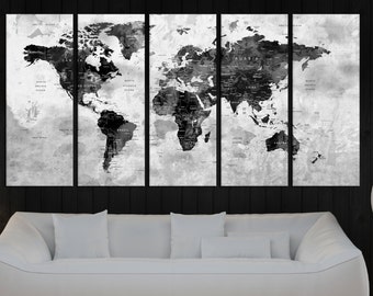 Large Abstract World Map Canvas Print, 5 Panel Black and White Wall Art
