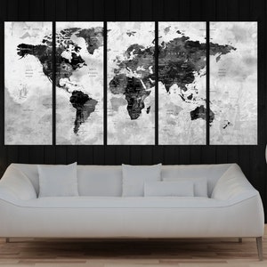 Grote abstracte kunst canvas push pins wereldkaart kunst aan de muur print, uitgerekt houten frame 5 panelen klaar om op te hangen zwart-wit kunst aan de muur 578