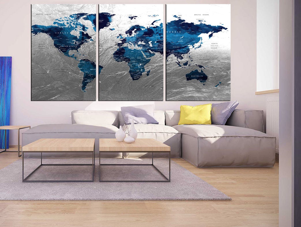 Silver World Map Wall Art Silver World Map Push Pin Wall Art Canvas Print 3 Panel Blue | Etsy Hong  Kong
