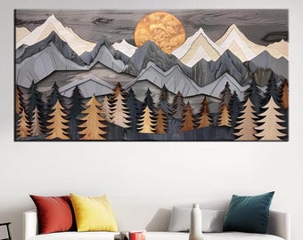 May include: A woodblock style print of a mountain range with a large sun in the background. The mountains are layered in shades of grey, brown, and white. A forest of dark green trees sits in the foreground.