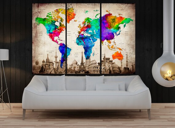 3 panel pin wereld kaart Art Canvas ingelijste | Etsy
