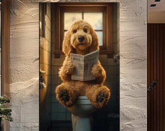 May include: A brown and white dog sits on a white toilet, reading a newspaper titled "Indian Valley Reporter". The dog is in a bathroom with white tiled walls and a window behind it.