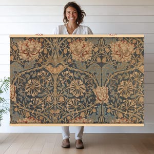 Blue Textile Floral Canvas Print | Extra Large Tapestry Wall Hanging | Oversized Vintage Botanical Art for Home or Office Decor hn50