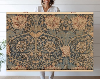Blue Textile Floral Canvas Print | Extra Large Tapestry Wall Hanging | Oversized Vintage Botanical Art for Home or Office Decor hn50