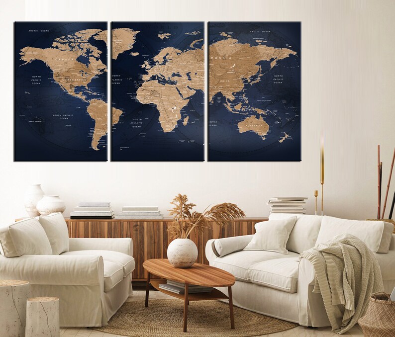 Navy Blue World Map Push Pin Wall Art Canvas Print 3 Panel Etsy