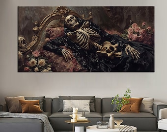 May include: A skeletal figure in a black robe lies on a bed with a gold headboard. The figure is surrounded by roses and other floral arrangements. The image is painted in a dark, dramatic style.