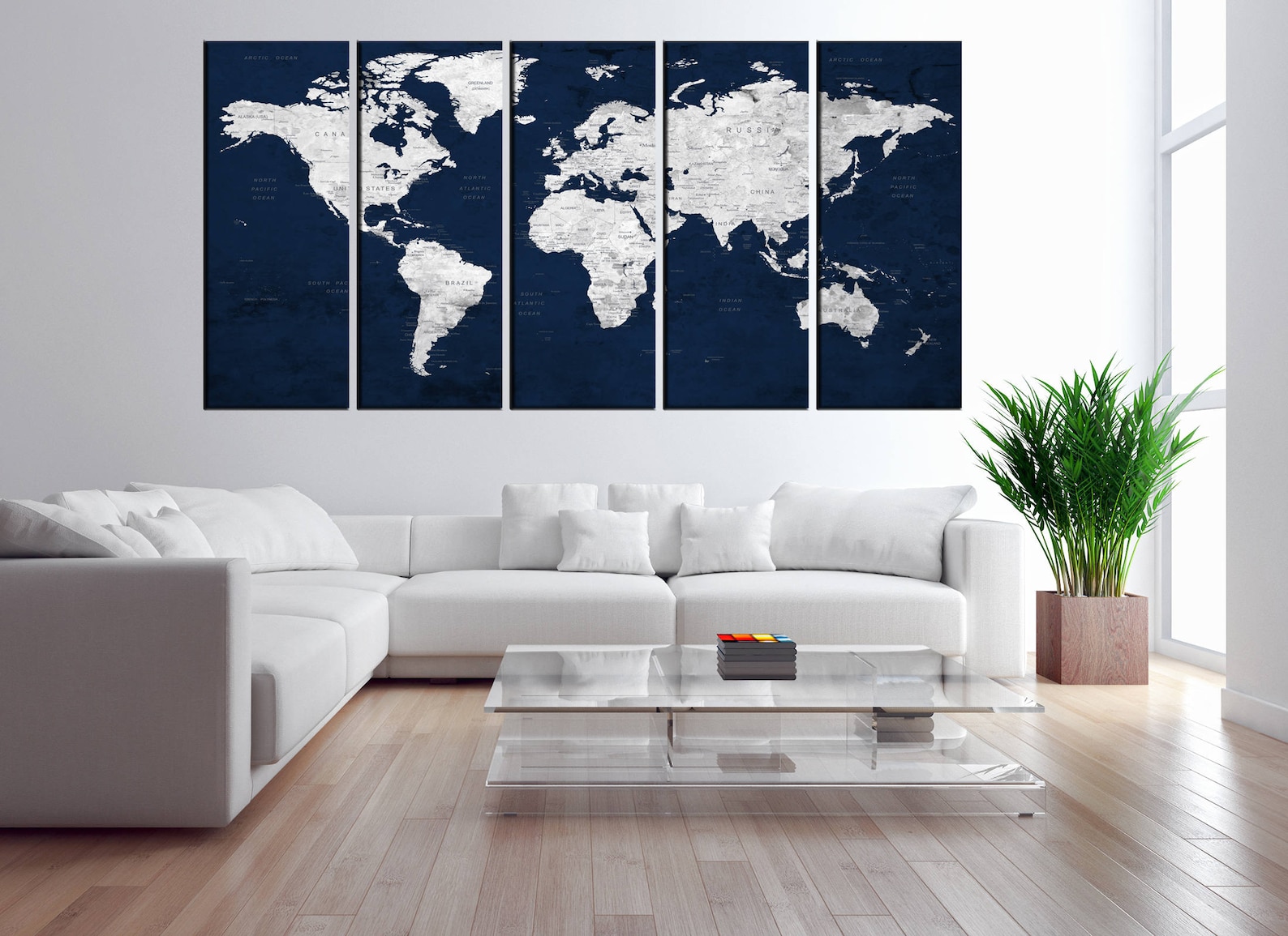 Extra Large Wall Art Navy Blue Push Pin World Map Canvas Print Old ...