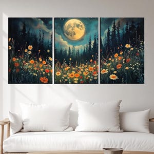Moonlit Wildflower Meadow Canvas Print | Mystical Night Sky Art with Full Moon and Forest Silhouette | Dreamy Floral Wall Art md315