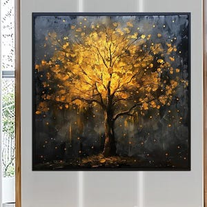 Golden Tree of Life Canvas Print – Abstract Mystical Tree Art with Metallic Gold Leaves for Elegant, Contemporary Home Decor md279