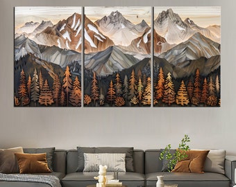 Framed Mountain Range Canvas print | Wood Panel Effect Wall Art | Rustic Modern Decor for Living Room cabin decor md34