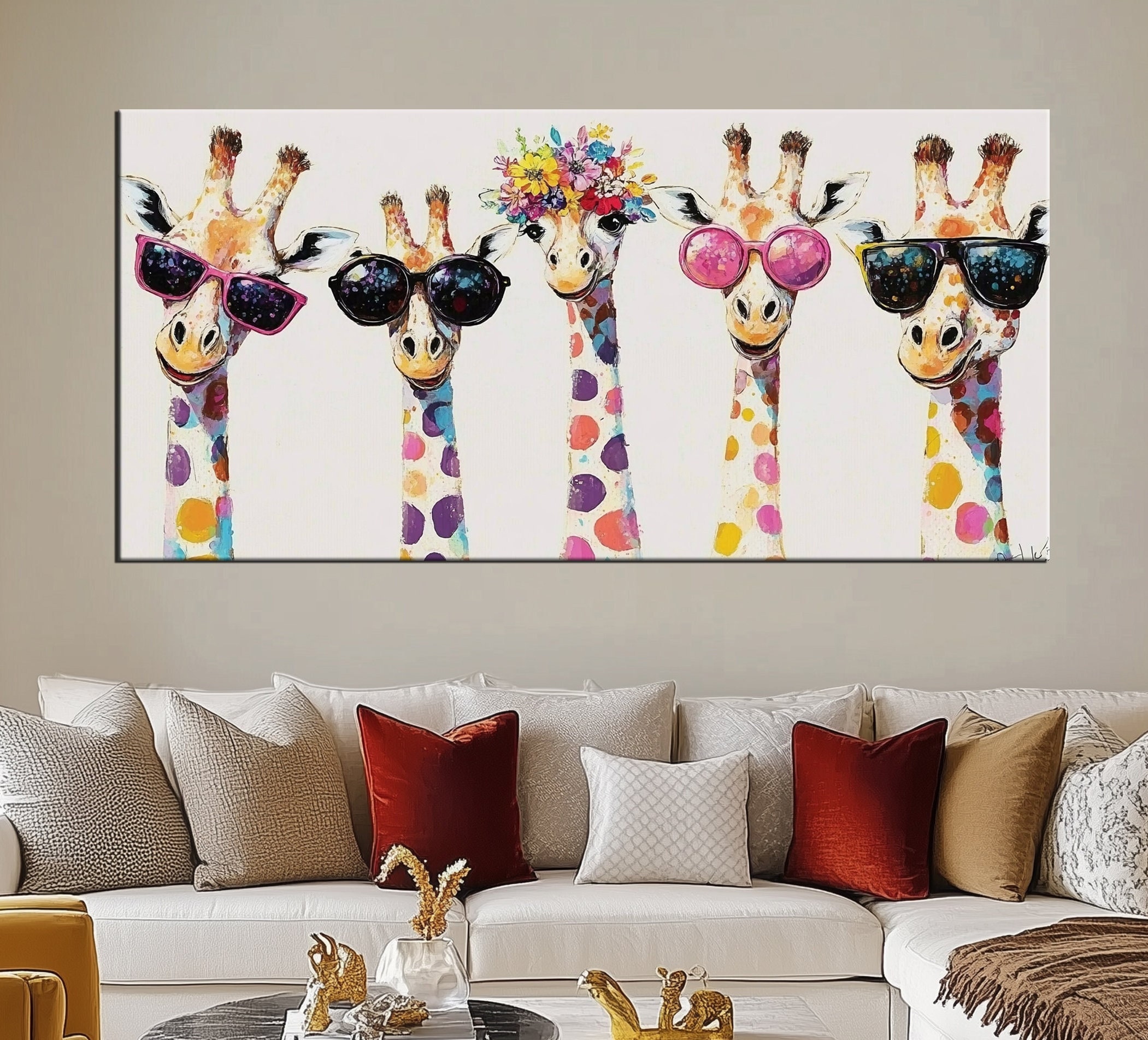 Whimsical Giraffe Family Canvas Print | Polka Dot Sunglasses Animal Art ...