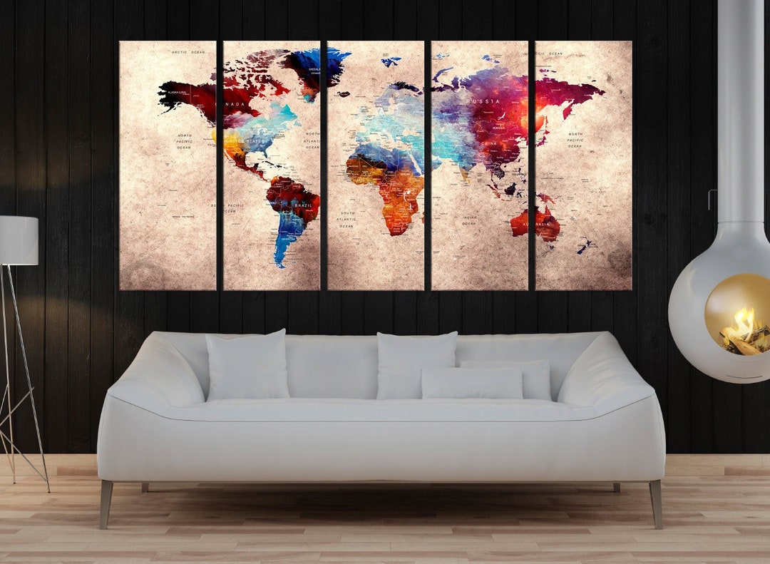 5 Panel Large Push Pin World Map Wall Art Canvas Travel World - Etsy