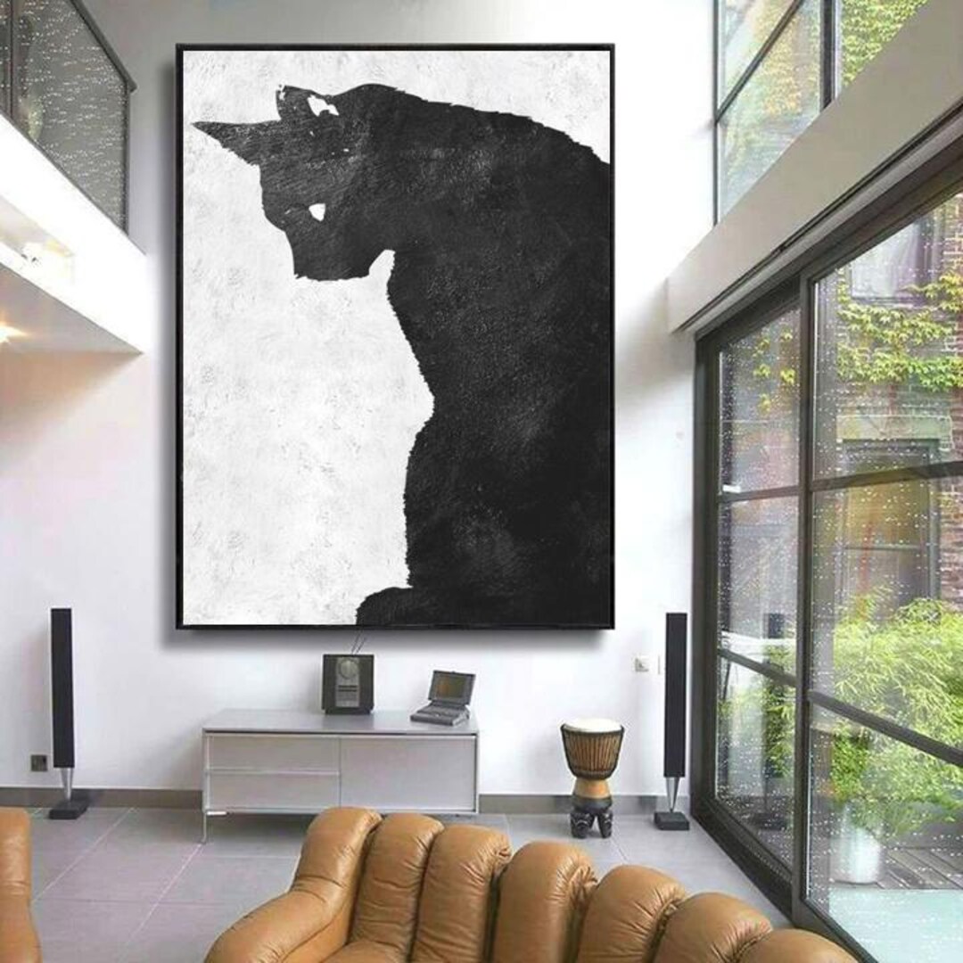 Black and White Cat Painting, Abstract Wall Art, Minimalist Canvas ...