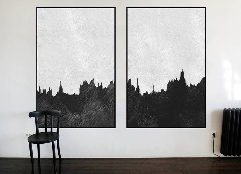 modern home decor original acrylic painting Abstract Painting on canvas extra Large wall art Black and White art Set of 2 pieces minimal art