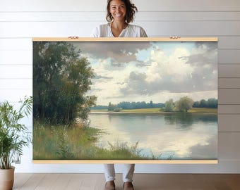 May include: A painting depicting a lake scene with a large tree on the left of the image. The lake is calm and reflects the sky, which is a light blue with white clouds. The trees on the far side of the lake are green and the grass is a light green.