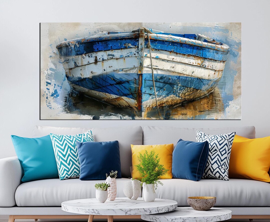 Rustic Blue Boat Canvas Print | Large Vintage Nautical Wall Art ...