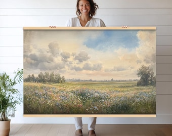 Oversized Meadow Wildflowers Landscape Art | Canvas Print Tapestry Wall Hanging for Nature-Inspired Home Decor, Pastel Fields Art h189