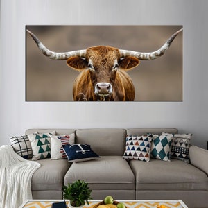 Texas Longhorn Cow Canvas Print | Large Rustic Wall Art | Farmhouse Decor | Modern Country Style Longhorn print| Framed Home & Office Art 93