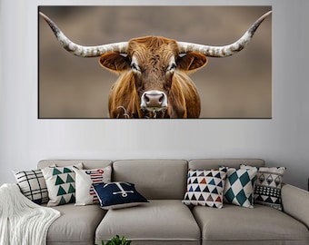 Texas Longhorn Cow Canvas Print | Large Rustic Wall Art | Farmhouse Decor | Modern Country Style Longhorn print| Framed Home & Office Art 93