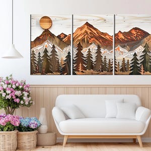 Sunset Mountain Forest Wall Art | Wood Effect Canvas Print | Large ...