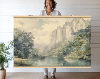Impresión en lienzo con paisaje sereno de río y montaña / Tapiz de pared extragrande para decoración del hogar inspirada en la naturaleza h229
