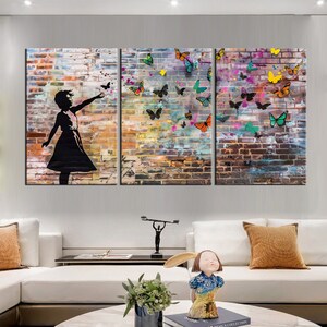 Banksy Girl Throwing Butterflies Canvas Print | Colorful Street Art Wall Decor | Modern Urban Art for Living Room md83