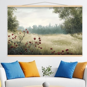 Peaceful Meadow Landscape Tapestry | Large Wildflower Field Wall Hanging | Nature-Inspired Tranquil Forest Decor for Living Spaces h111