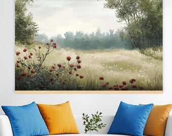 Peaceful Meadow Landscape Tapestry | Large Wildflower Field Wall Hanging | Nature-Inspired Tranquil Forest Decor for Living Spaces h111