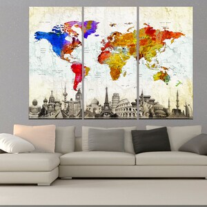 Canvas Wall Art Set of 3 Panel World Map Print for Travel - Etsy