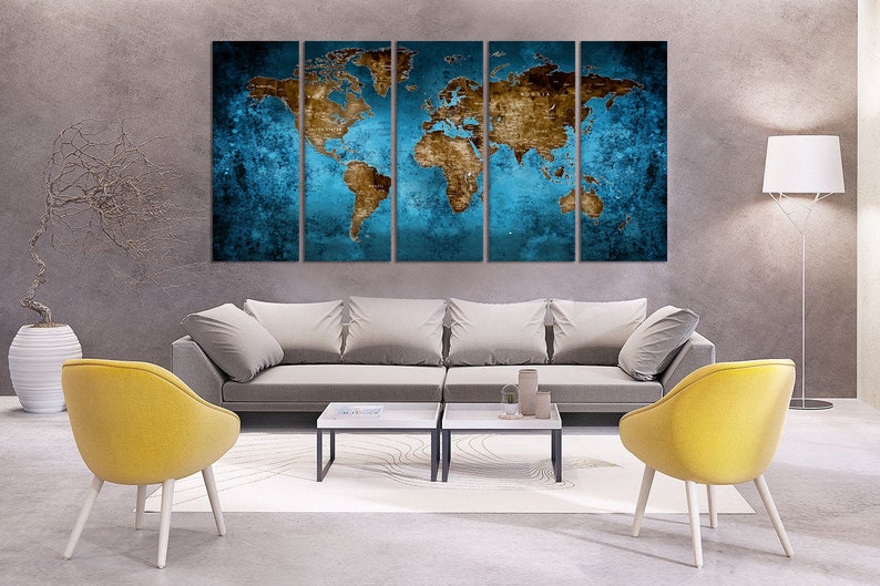 Canvas Wall Art Set of 5, Blue World Map Push Pin Wall Art Canvas Print ...