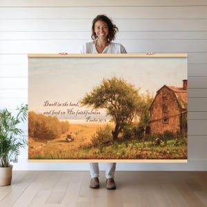 Rustic Farmhouse Bible Verse Canvas Print | Psalm 37:3 Inspirational Wall Hanging | Vintage Landscape Tapestry Art hn318