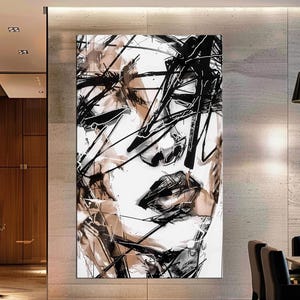 Abstract Black and White Canvas Art | Modern Minimalist Wall Decor | Large Abstract Face Painting | Contemporary Art for Living Room m436