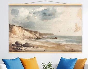 Extra Large Coastal Watercolor Canvas Print Tapestry | Beach Scene Wall Art | Textile Print Wall Hanging for Home or Office Decor hn53