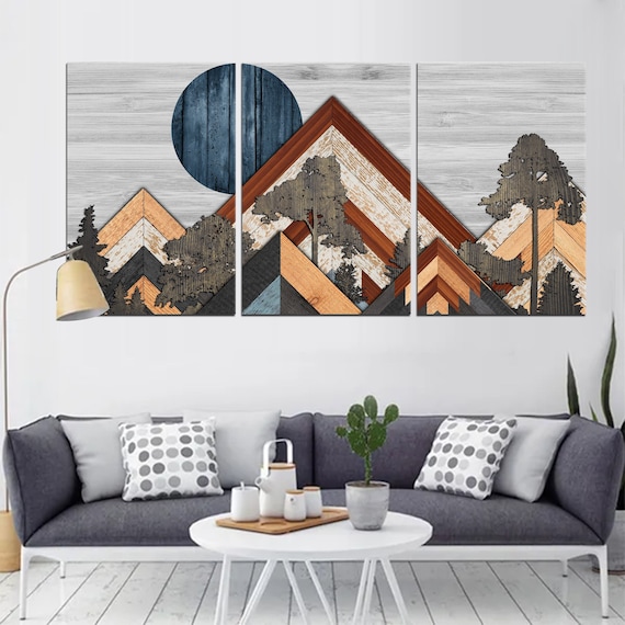 Wood Effect Canvas Wall Art - Sunlit Mountain Range Print, Rustic Wall Decor, Modern Office Art, Housewarming Gift Wood Texture Design df250