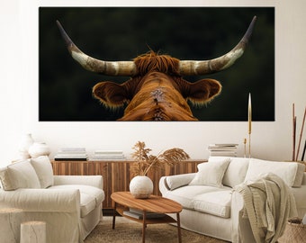 Texas Longhorn Cow Canvas Wall Art | Extra Large Framed Rustic Farmhouse Decor | Modern Country Style Longhorn Painting for Home & Office 92