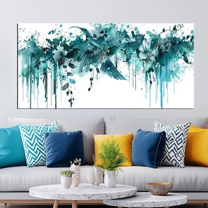 Teal Abstract Bird Canvas Print | Large Wall Art with Floral Accents | Modern Nature-Inspired Artwork for Living Room or Office Decor md402