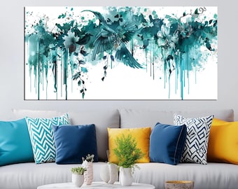 Teal Abstract Bird Canvas Print | Large Wall Art with Floral Accents | Modern Nature-Inspired Artwork for Living Room or Office Decor md402